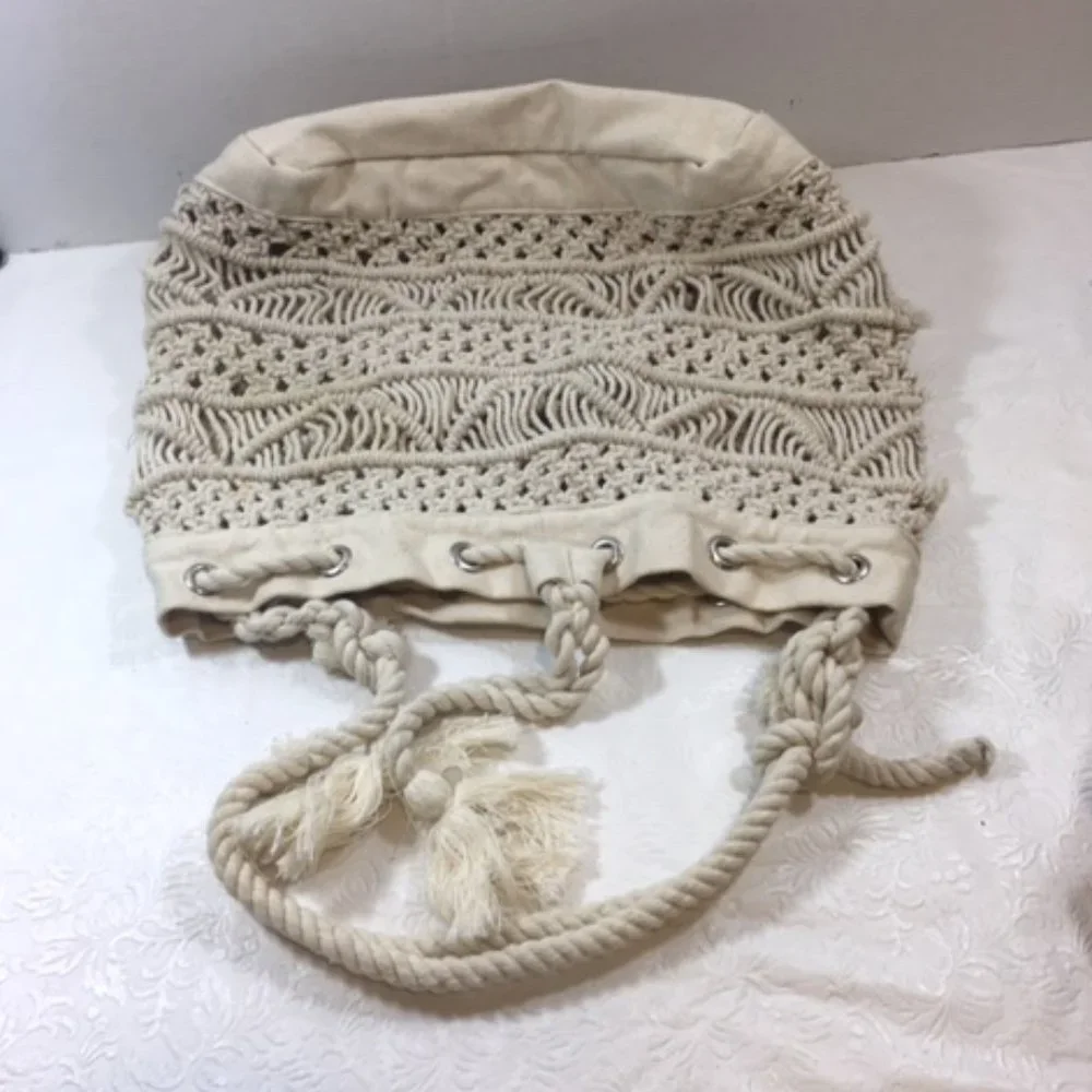 Macramé Knotting Shoulder Handbag Tote Cotton Drawstring11x5.5x11